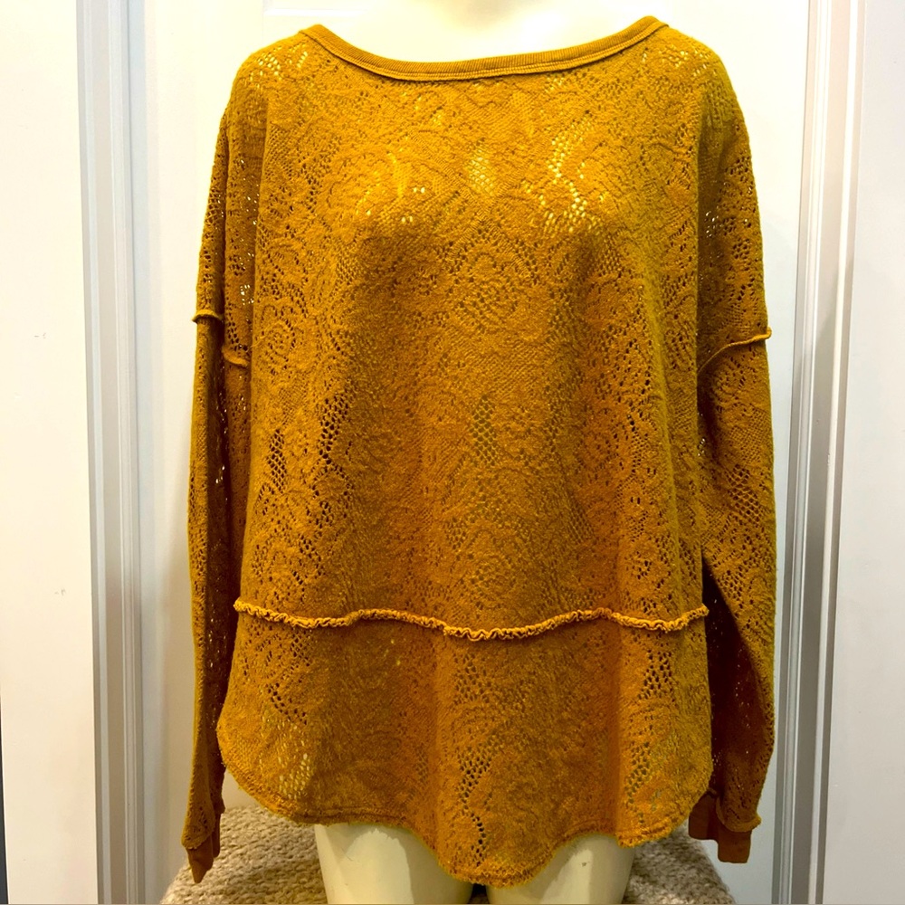 Free People Floral Soft Lace HiLo Oversize Sweater Top Mustard/ Gold Size Small